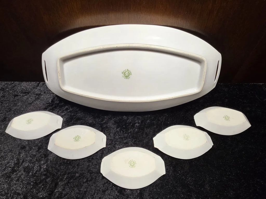 Nippon Hand-Painted Celery Dish & Five Matching Salt Dishes, Antique — Gold Moriage, Circa 1911–1921