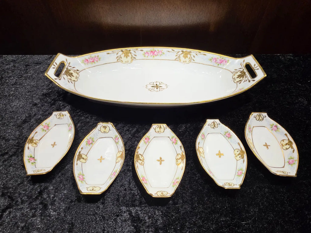 Nippon Hand-Painted Celery Dish & Five Matching Salt Dishes, Antique — Gold Moriage, Circa 1911–1921