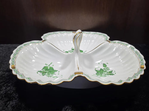 Herend Chinese Bouquet Green Triple Shell Server, Hand-Painted, 24K Gold — Shape 7512/AV, Discontinued